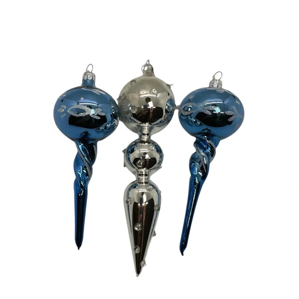 Vintage Crate&Barrel Glass Christmas Finial Ornaments Set of 3 Blue/Silver